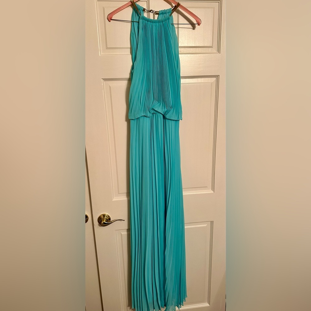 MSK Turquoise Pleated Halter Maxi Dress